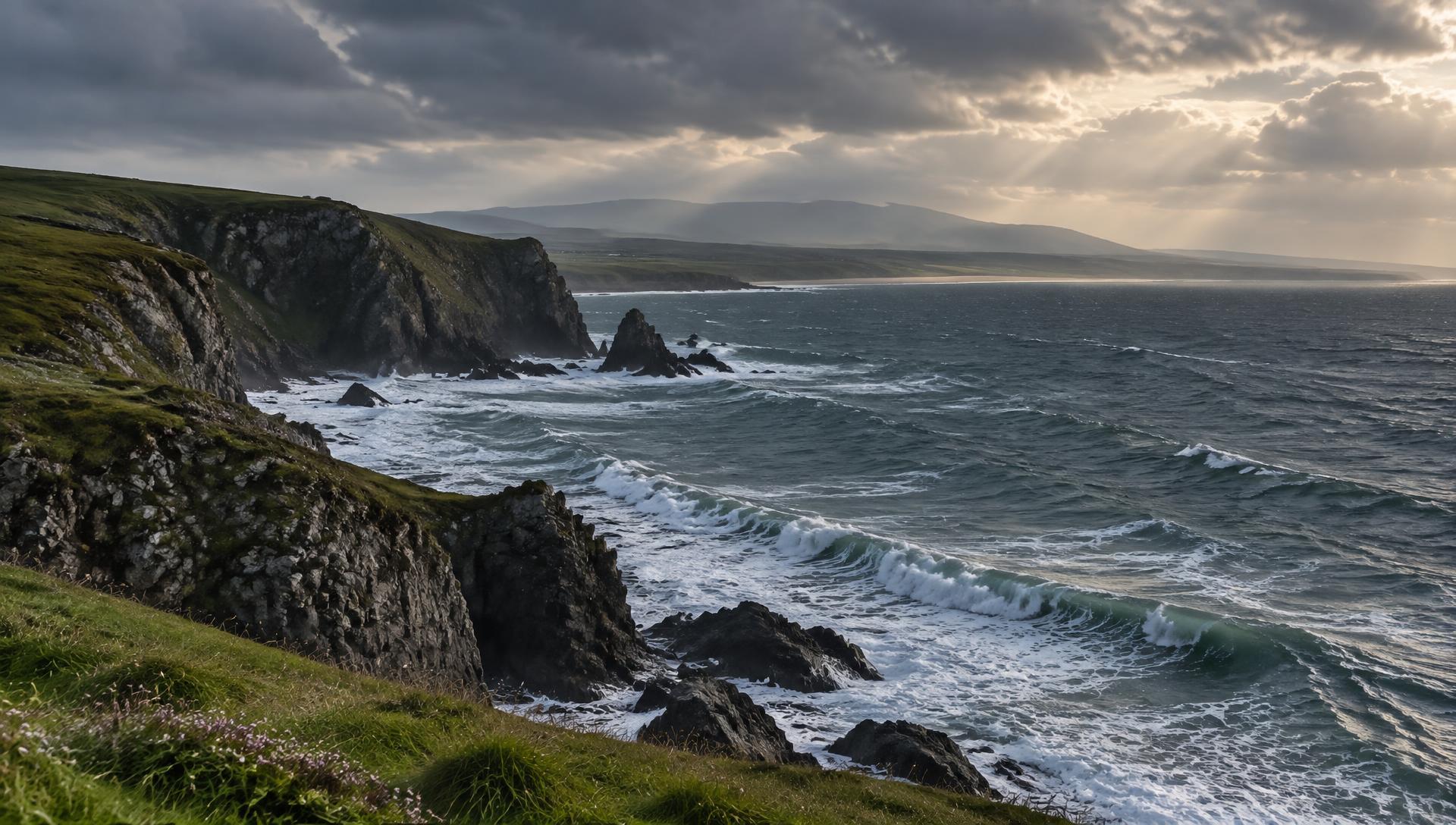 Illustrative photograph: sea cliffs and Atlantic waves on Ireland's south-east coast under a broken sky