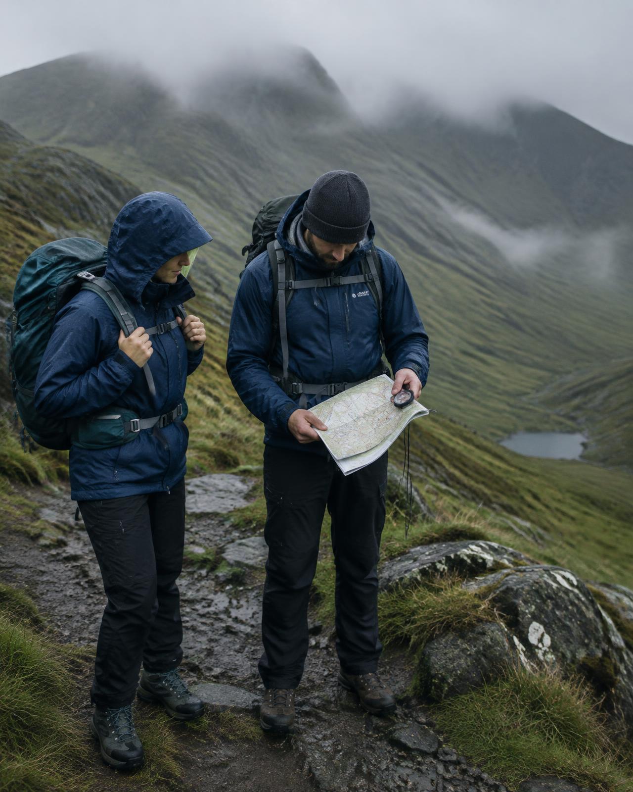 Illustrative photograph: two walkers in waterproofs checking a map and compass on a misty mountain path